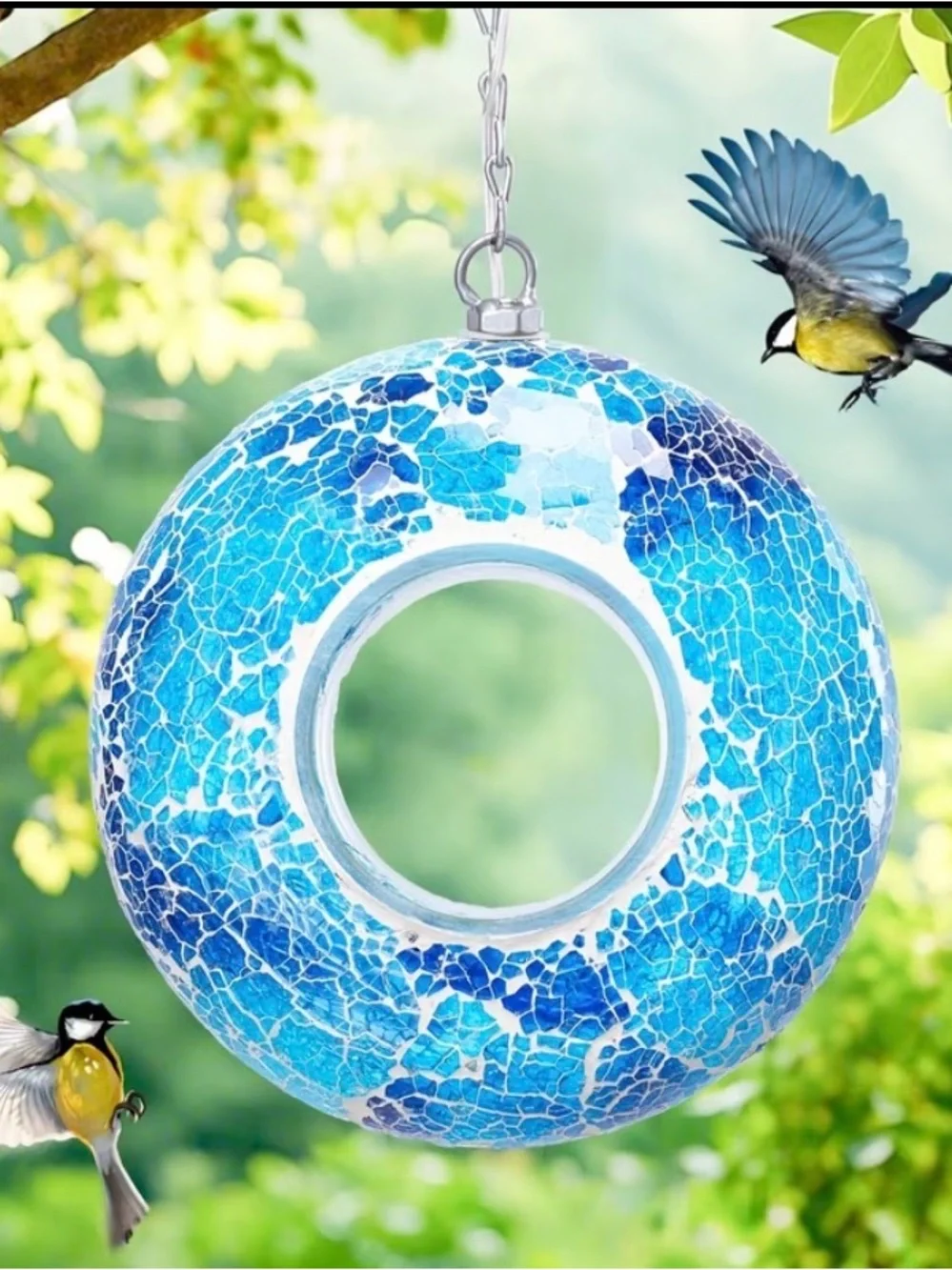 6.3” Solar Mosaic Fly Thru Hanging Bird Feeder - Decorative Outdoor Seed Feeder